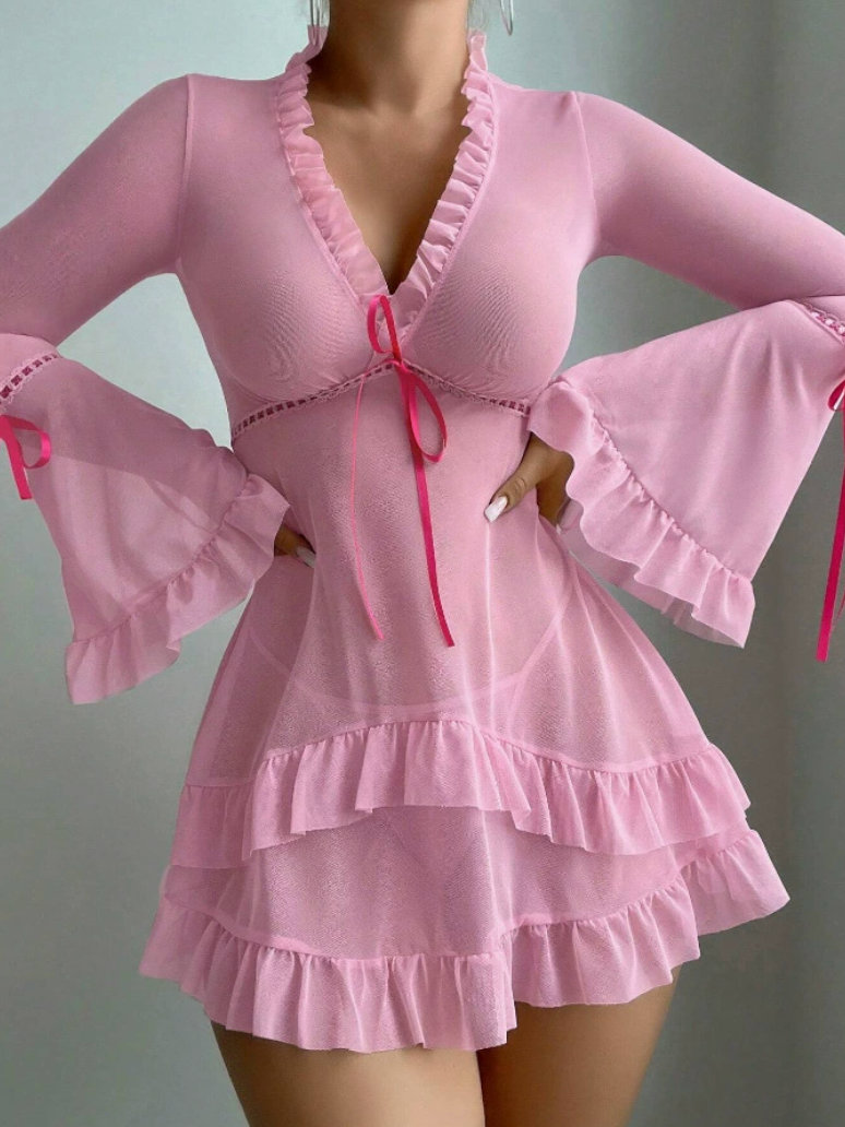 WOL002-pink-1 فستان شيفون دانتيل بأكمام جرس - Image 1